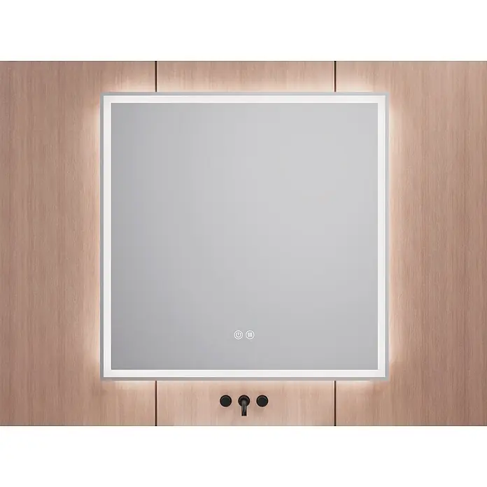 Espejo con luz Elite - 80 x 80 cm, Blanco frío, Cuadrado, Función antivaho - Espejo LED rectangular con marco iluminado y controles táctiles, montado en una pared de madera clara sobre un grifo negro.