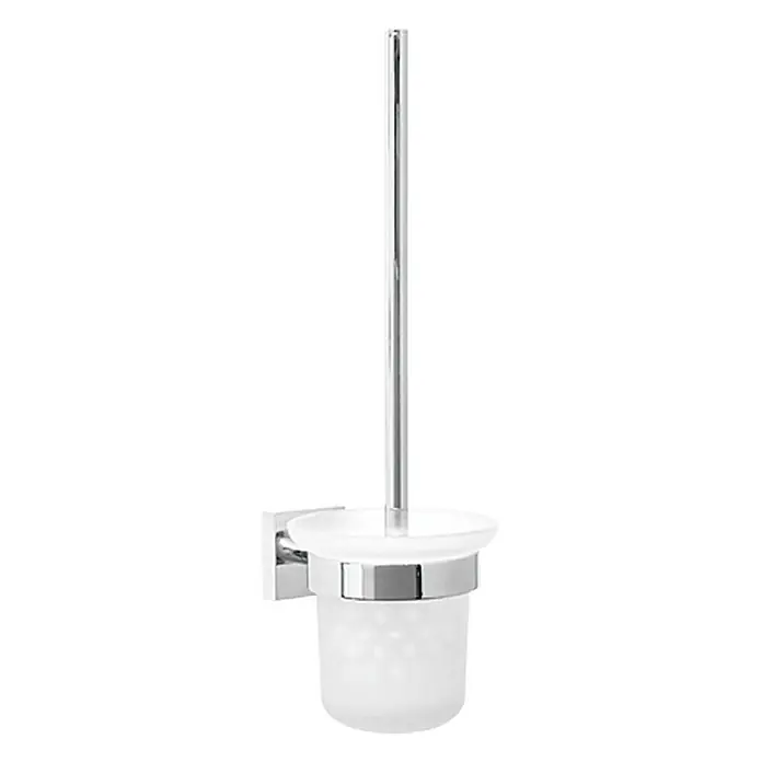Tesa Ekkro Conjunto de escobilla Ekkro - Tipo de montaje: Pegado, Cromado - Elegante escobillero de baño de pared con recipiente de vidrio esmerilado y detalles cromados. Accesorio de baño práctico y ahorra espacio.