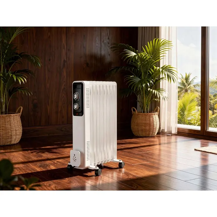 Purline Radiador de aceite Soleil - 600 W - 1.500 W, Blanco, 25,5 x 32 x 55 cm - Radiador de aceite blanco con controles negros sobre ruedas, de pie sobre un suelo de madera en una habitación.