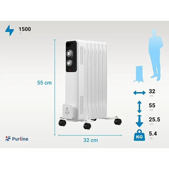Purline Radiador de aceite Soleil - 600 W - 1.500 W, Blanco, 25,5 x 32 x 55 cm - Radiador de aceite blanco sobre ruedas con mandos de control. Potencia 1500W, dimensiones 32x25,5x55 cm.