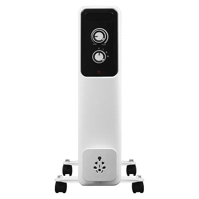 Purline Radiador de aceite Soleil - 800 W - 2.000 W, Blanco, 25 x 44 x 60 cm - Radiador de aceite blanco con controles negros (dos perillas), indicador rojo y ruedas. Incluye un adaptador multi-enchufe a la base.