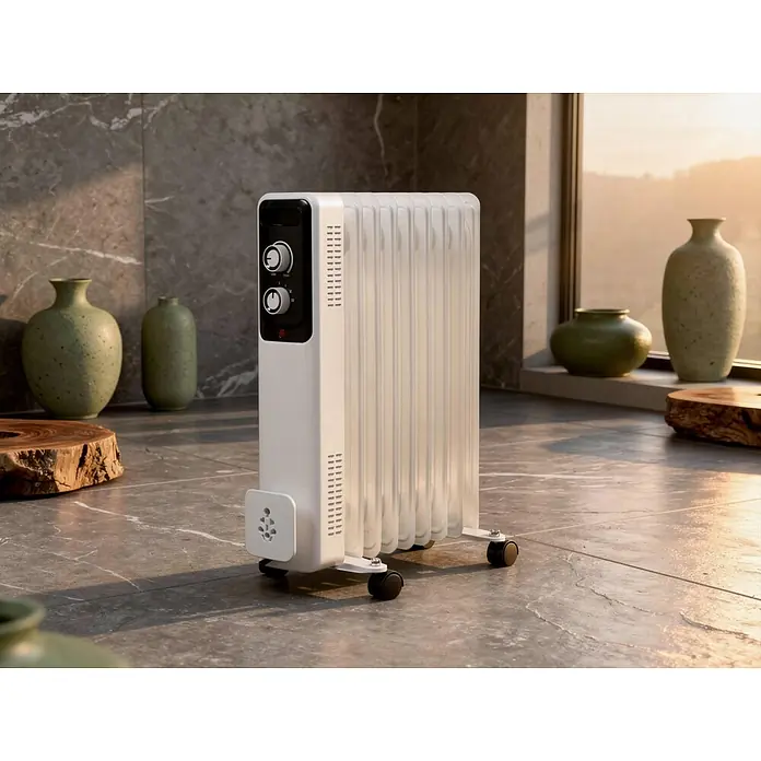 Purline Radiador de aceite Soleil - 800 W - 2.000 W, Blanco, 25 x 44 x 60 cm - Radiador de aceite blanco portátil con ruedas y perillas de control.