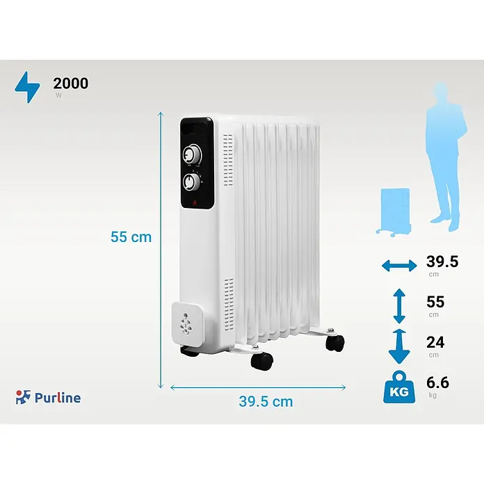 Purline Radiador de aceite Soleil - 800 W - 2.000 W, Blanco, 25 x 44 x 60 cm - Radiador de aceite blanco con ruedas y controles, 2000W, 55x39.5x24cm, 6.6kg.