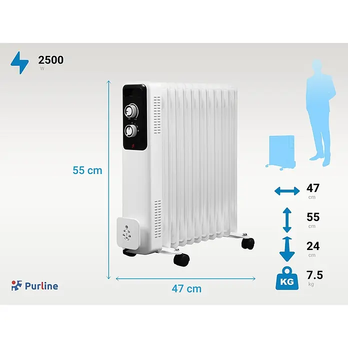 Purline Radiador de aceite Soleil - 1.000 W - 2.500 W, Blanco, 24 x 47 x 55 cm - Radiador de aceite blanco sobre ruedas con controles, mostrando dimensiones (47x24x55 cm), 7,5 kg de peso y 2500W.