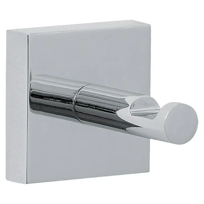 Tesa Ekkro Gancho para pared EK241 - Metal, Cromado - Primer plano de un elegante gancho de cromo cuadrado para batas, que realza un diseño de baño moderno.