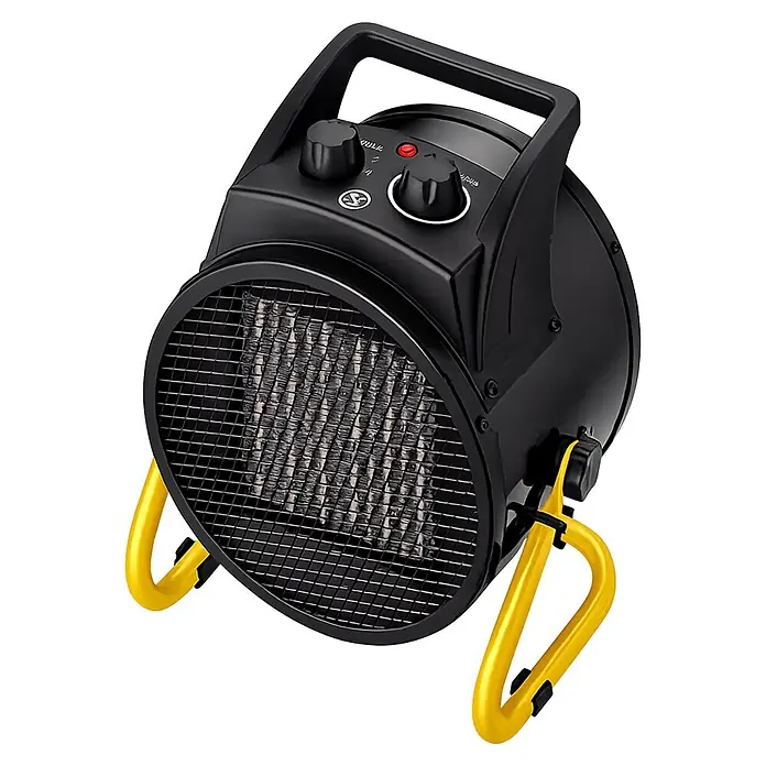 Purline Calefactor industrial Hoti Vulcano 3 - 1.500 kW - 3.000 kW, Negro/Amarillo - Calefactor industrial negro con rejilla protectora y soporte amarillo.