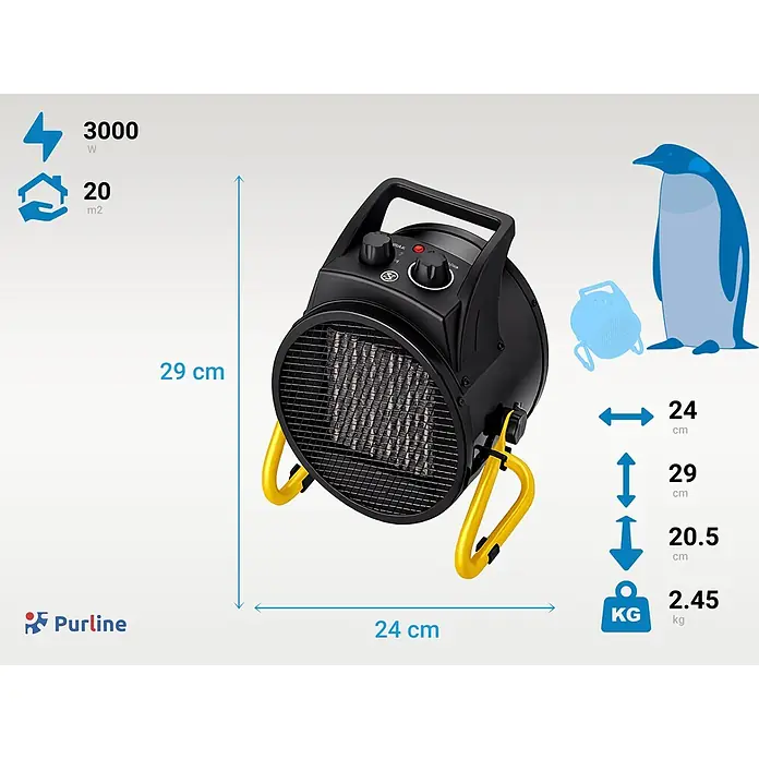 Purline Calefactor industrial Hoti Vulcano 3 - 1.500 kW - 3.000 kW, Negro/Amarillo - Calefactor eléctrico negro con soporte amarillo.