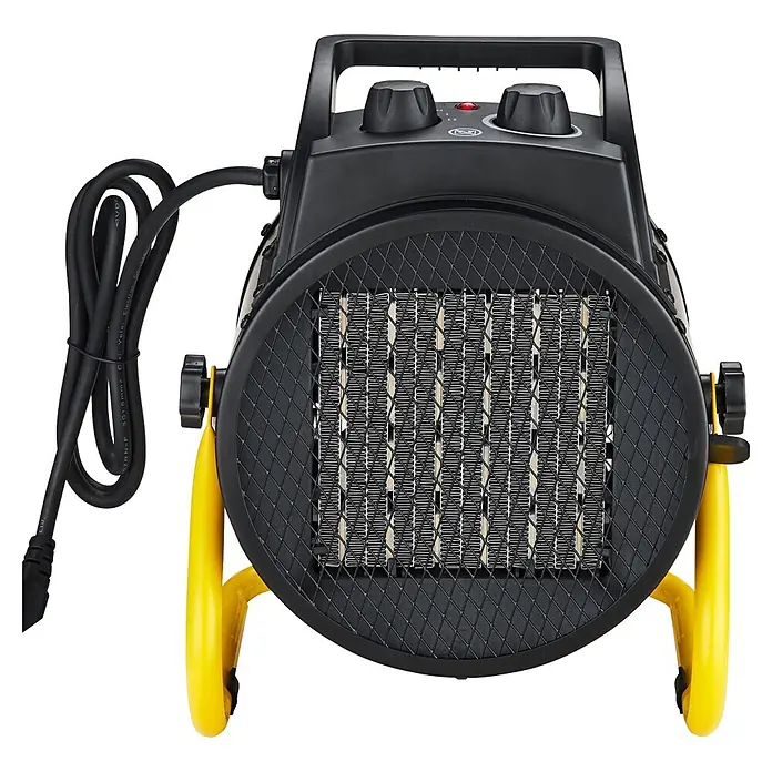 Purline Calefactor industrial Hoti Vulcano 3 - 1.500 kW - 3.000 kW, Negro/Amarillo - Calefactor eléctrico de ventilador negro y amarillo con perillas de control, luz indicadora roja y rejilla metálica protectora.