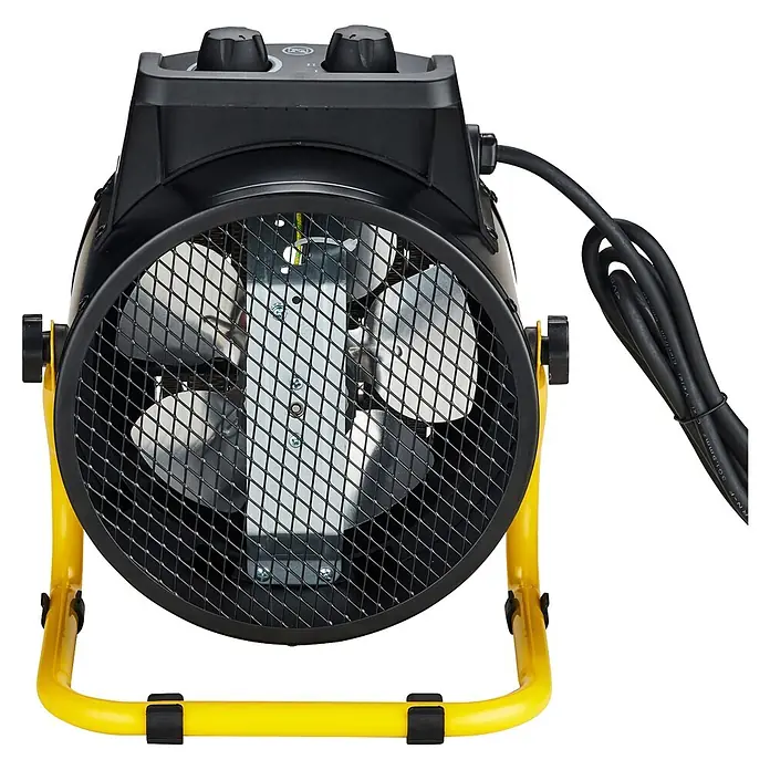 Purline Calefactor industrial Hoti Vulcano 3 - 1.500 kW - 3.000 kW, Negro/Amarillo - Calentador de ventilador industrial negro con soporte amarillo, rejilla protectora, aspas visibles y controles superiores.