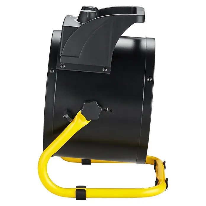 Purline Calefactor industrial Hoti Vulcano 3 - 1.500 kW - 3.000 kW, Negro/Amarillo - Ventilador industrial negro con soporte amarillo en U, vista lateral. Dispone de controles superiores y un pomo lateral para el ajuste del ángulo.
