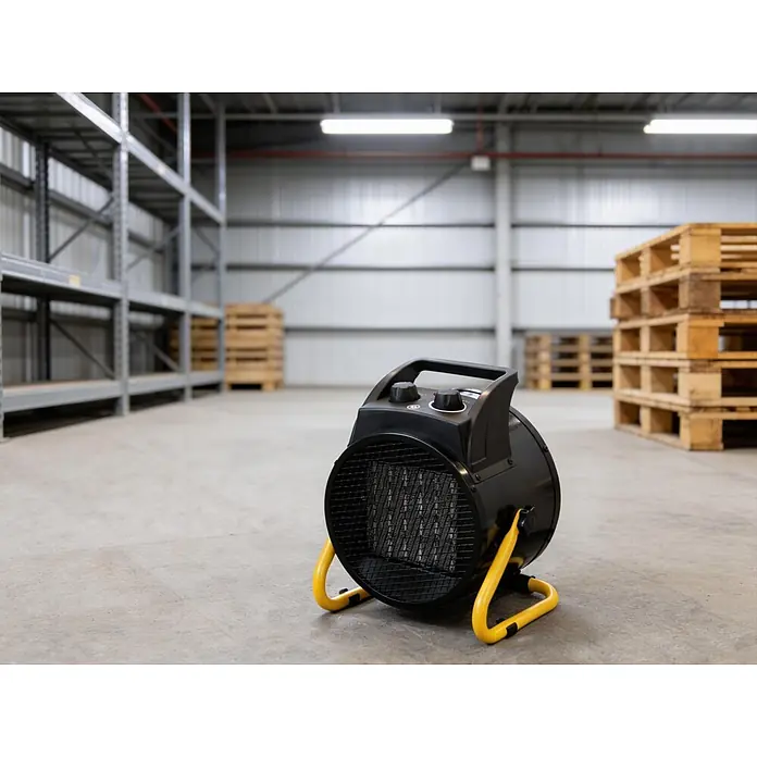 Purline Calefactor industrial Hoti Vulcano 3 - 1.500 kW - 3.000 kW, Negro/Amarillo - Calentador industrial negro con soporte amarillo en un suelo de hormigón de un gran almacén.