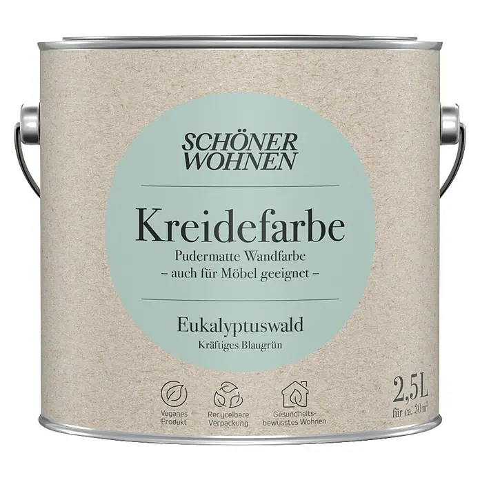 SCHÖNER WOHNEN-Farbe Wandfarbe Kreidefarbe - Eukalyptuswald - kräftiges Blaugrün, Matt, 2,5 l - SCHÖNER WOHNEN Kreidefarbe Eukalyptuswald, pudermatte Wand- und Möbelfarbe in kräftigem Blaugrün, 2,5L Dose.