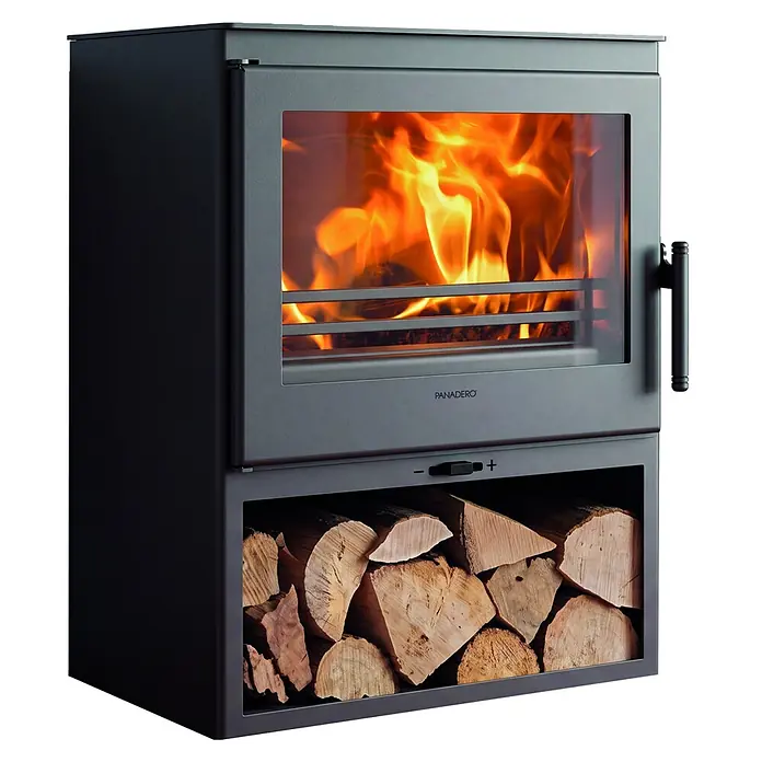 Panadero Estufa de leña Aitana - 7,4 kW, Volumen de calefacción: 220 m³, Negro - Estufa de leña de metal gris oscuro con puerta de cristal grande que muestra llamas brillantes y compartimento inferior para leña. Marca PANADERO.