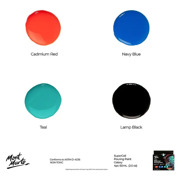 Mont Marte Acrylfarben-Set SuperCell® Galaxy - mehrfarbig, 4 Stk. x 60 ml, Flasche - Mont Marte SuperCell Gießfarben-Set mit 4 Farben: Kadmiumrot, Marineblau, Türkis und Lampenschwarz, je 60 ml.