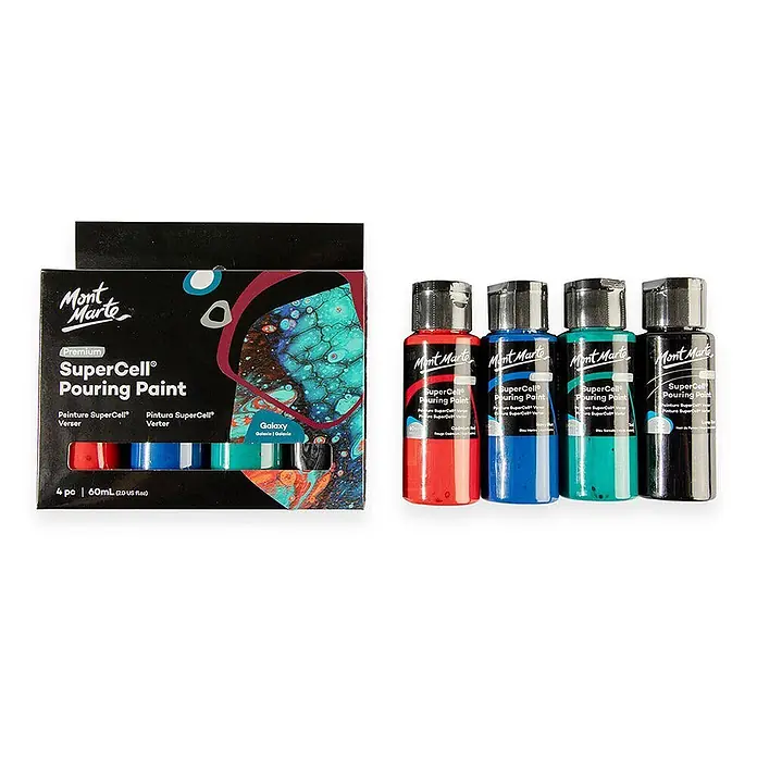 Mont Marte Acrylfarben-Set SuperCell® Galaxy - mehrfarbig, 4 Stk. x 60 ml, Flasche - Mont Marte SuperCell Pouring Paint Set mit 4 x 60ml Flaschen in Rot, Blau, Türkis und Schwarz, in einer „Galaxy“-Box.