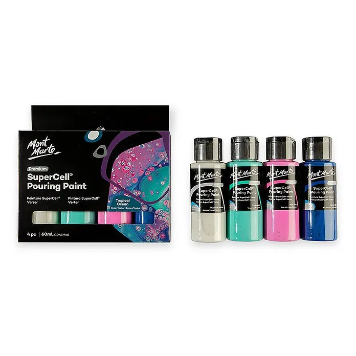 Mont Marte Acrylfarben-Set SuperCell® Tropical Ocean - mehrfarbig, 4 Stk. x 60 ml, Flasche - Mont Marte SuperCell Pouring Paint 4-teiliges Tropical Ocean Set mit Box und vier Flaschen: weiß, türkis, pink und blau.