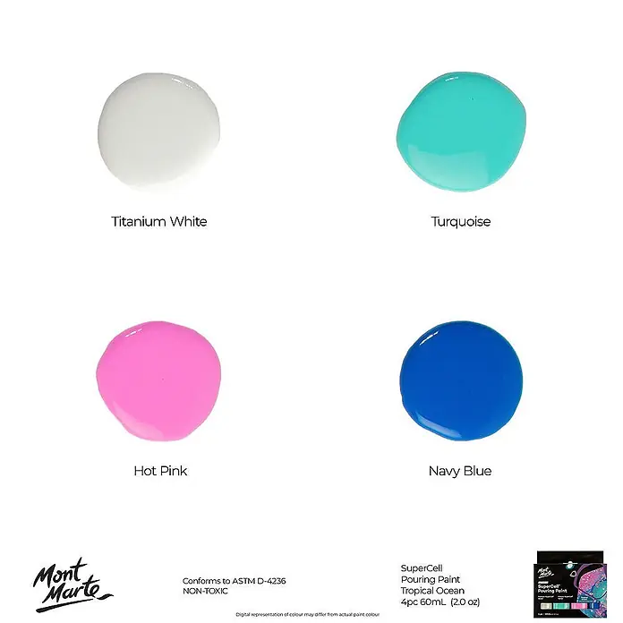 Mont Marte Acrylfarben-Set SuperCell® Tropical Ocean - mehrfarbig, 4 Stk. x 60 ml, Flasche - Mont Marte SuperCell Pouring Paint in Titaniumweiß, Türkis, Pink und Marineblau aus dem Set Tropical Ocean.