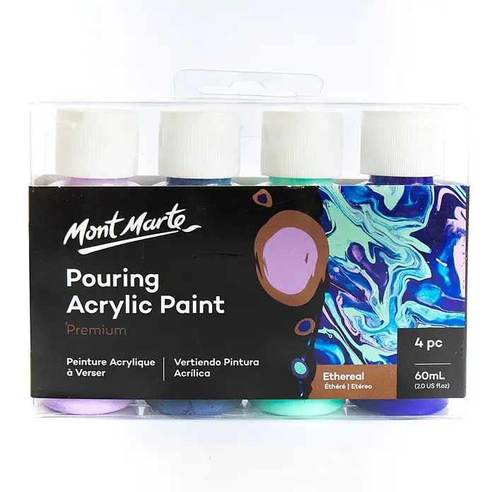 Mont Marte Acrylfarben-Set Premium Ethereal - mehrfarbig, 4 Stk. x 60 ml, Flasche - Mont Marte Premium Pouring Acrylfarben-Set, Ethereal, mit 4x 60ml Flaschen in Lavendel-, Blau- und Minzgrün-Tönen.