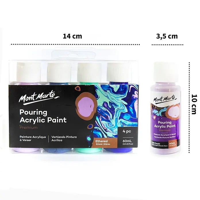 Mont Marte Acrylfarben-Set Premium Ethereal - mehrfarbig, 4 Stk. x 60 ml, Flasche - Mont Marte Pouring Acrylfarben: 4er-Pack 'Ethereal' (60ml Flaschen, helllila, grün, blau) und eine einzelne 60ml helllila Flasche.