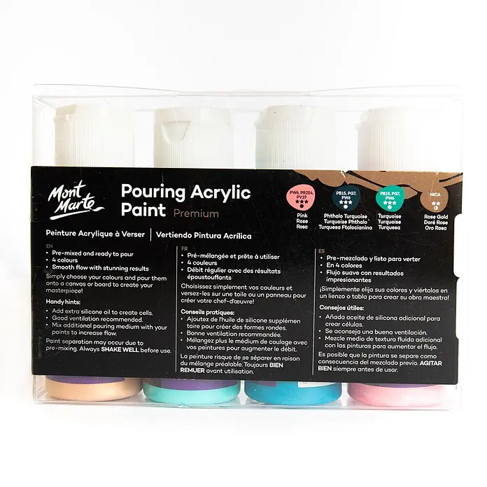 Mont Marte Acrylfarben-Set Premium Flamingo - mehrfarbig, 4 Stk. x 60 ml, Flasche - Mont Marte Premium Pouring Acrylfarben-Set mit 4 Farben: Pink, Phthalotürkis, Türkis und Roségold in Klarsichtverpackung.