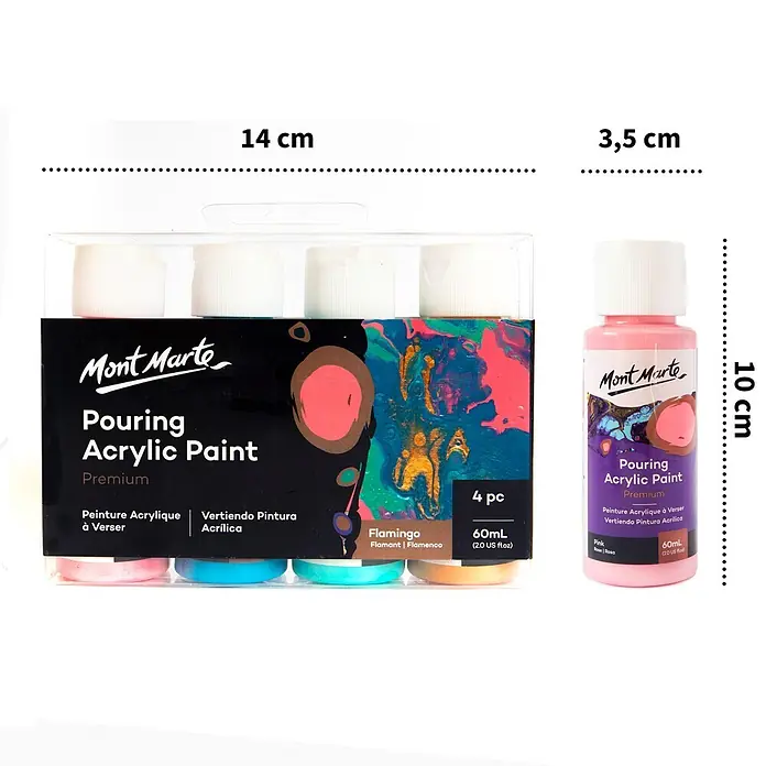 Mont Marte Acrylfarben-Set Premium Flamingo - mehrfarbig, 4 Stk. x 60 ml, Flasche - Mont Marte Premium Pouring Acrylfarben-Set (4x60ml) und eine einzelne rosa 60ml Flasche.