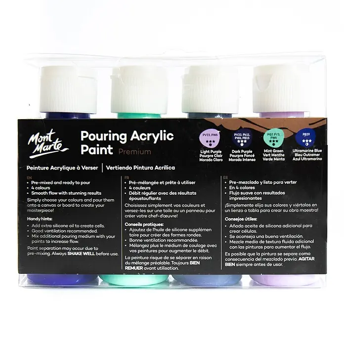 Mont Marte Acrylfarben-Set Premium Ethereal - mehrfarbig, 4 Stk. x 60 ml, Flasche - Mont Marte Pouring Acrylfarben-Set mit 4 Flaschen: helllila, dunkelviolett, mintgrün und ultramarinblau.