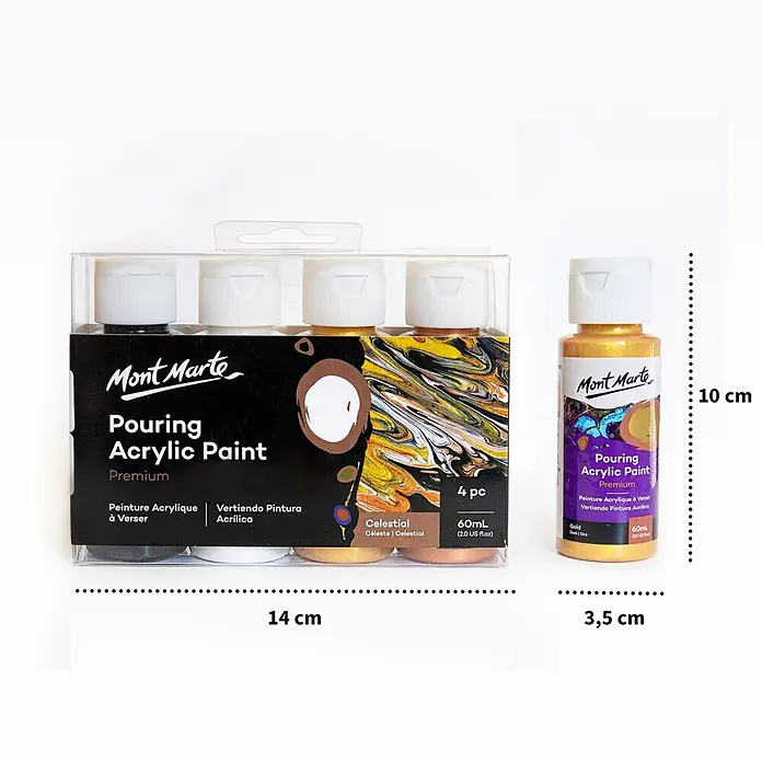 Mont Marte Acrylfarben-Set Premium Celestial - mehrfarbig, 4 Stk. x 60 ml, Flasche - Mont Marte Pouring Acrylfarben-Set (4 Flaschen, Celestial) und einzelne 60ml Goldflasche.