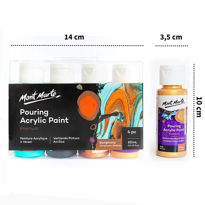 Mont Marte Acrylfarben-Set Premium Galaxy - mehrfarbig, 4 Stk. x 60 ml, Flasche - Mont Marte Pouring Acrylfarben-Set (14x3.5 cm) mit 4x 60ml Flaschen und einer 10 cm hohen 60ml Goldflasche.