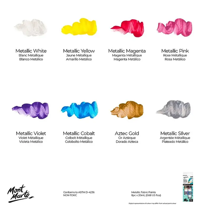 Mont Marte Textilmalfarben-Set Metallic Signature - 8x20ml - mehrfarbig, 8 Stk. x 20 ml - Set aus 8 metallischen Stofffarben in verschiedenen Tönen, mit Farbmustern und Verpackung.