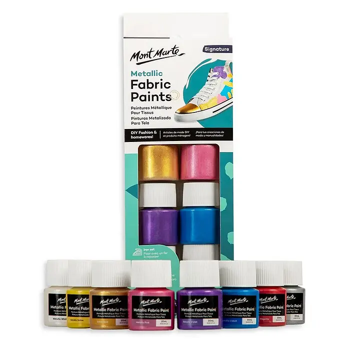 Mont Marte Textilmalfarben-Set Metallic Signature - 8x20ml - mehrfarbig, 8 Stk. x 20 ml - Mont Marte Metallic Stofffarben-Set, 10 Flaschen in verschiedenen Metallic-Farben für Textildekoration und DIY-Projekte.