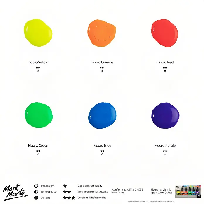 Mont Marte Zeichentuschen-Set Premium Neon - mehrfarbig, 12 Stk. x 20 ml - Sechs leuchtende Fluor-Acryltintenfarben: Gelb, Orange, Rot, Grün, Blau, Violett, mit Lichtechtheits- und Deckkraftdetails.