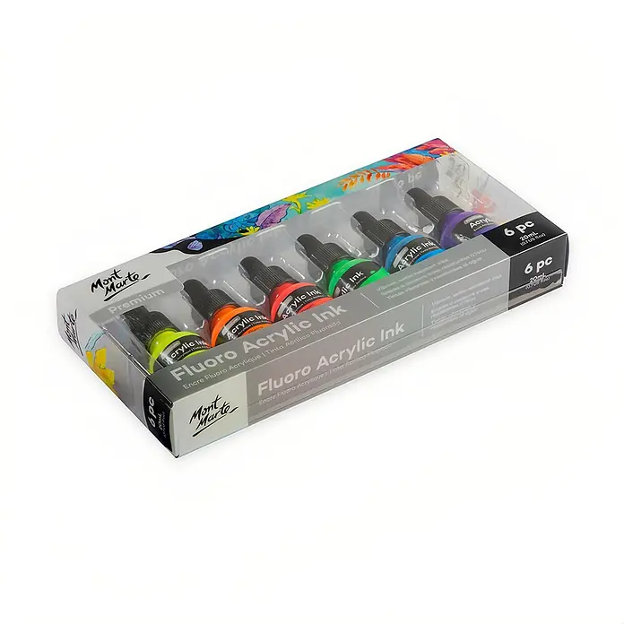 Mont Marte Zeichentuschen-Set Premium Neon - mehrfarbig, 12 Stk. x 20 ml - Set mit 6 Mont Marte Fluoro Acryltinten, je 20ml, in verschiedenen Leuchtfarben, transparente Verpackung.