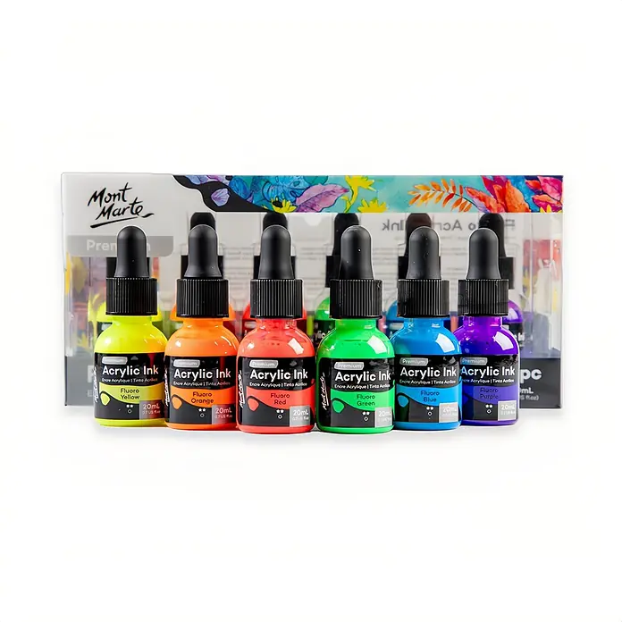 Mont Marte Zeichentuschen-Set Premium Neon - mehrfarbig, 12 Stk. x 20 ml - Sechs Mont Marte Fluorescent Acrylfarben in Pipettenflaschen: Gelb, Orange, Rot, Grün, Blau, Lila. In transparenter Box.