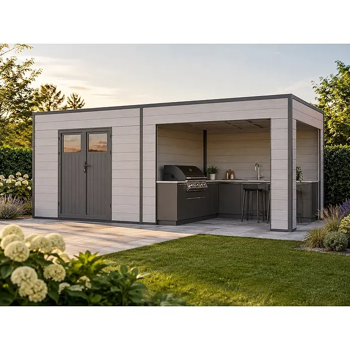 Fjordholz Gartenhaus Cubus Lounge 16,25 m² - Außenmaß inkl. Dachüberstand (B x T): 570 x 285 cm, Aluminium, Schwarz / Grau - Moderne Außenstruktur mit hellgrauer Verbundverkleidung, dunkelgrauem Rahmen, inklusive Geräteschuppen und Außenküche.