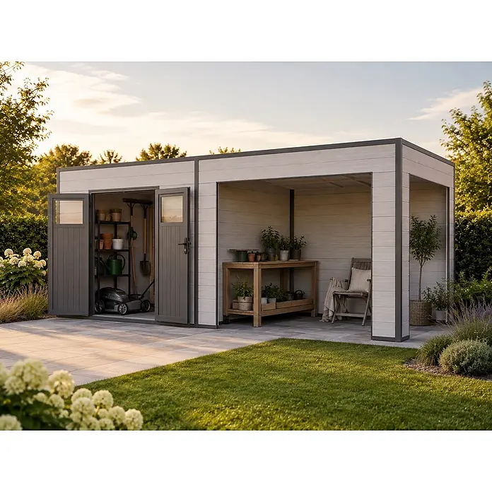 Fjordholz Gartenhaus Cubus Lounge 16,25 m² - Außenmaß inkl. Dachüberstand (B x T): 570 x 285 cm, Aluminium, Schwarz / Grau - Moderner hellgrauer Gartenschuppen mit dunklen Akzenten, bestehend aus einem Lagerbereich und einem offenen Vordach für den Außenbereich.