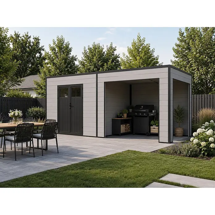 Fjordholz Gartenhaus Cubus Lounge 16,25 m² - Außenmaß inkl. Dachüberstand (B x T): 570 x 285 cm, Aluminium, Schwarz / Grau - Moderner grau-schwarzer Gartenschuppen mit integriertem offenem Anbau für Grillbereich, in einem zeitgenössischen Garten mit Terrasse.