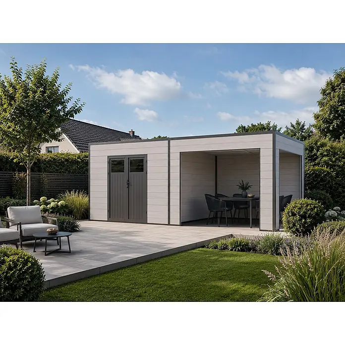 Fjordholz Gartenhaus Cubus Lounge 16,25 m² - Außenmaß inkl. Dachüberstand (B x T): 570 x 285 cm, Aluminium, Schwarz / Grau - Moderner hellgrauer Komposit-Gartenschuppen mit dunkelgrauen Türen und integrierter Pergola, bietet geschützten Terrassenbereich im Garten.