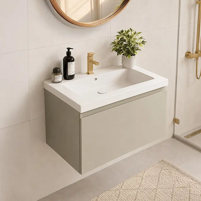 LOMAZOO Badezimmermöbel Greige 60cm - Weißes Waschbecken - Beige-graues Waschbeckenmöbel - Schwebender Waschbeckenunterschrank [MODENA] -  - Wandmontierter Waschtischunterschrank mit mattgrün/grauem Schrank, integriertem weißen Waschbecken und goldener Armatur in einem modernen Badezimmer.