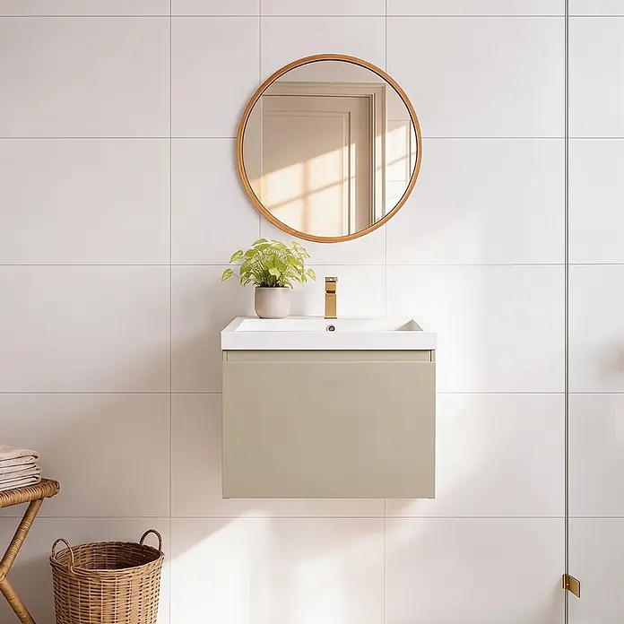LOMAZOO Badezimmermöbel Greige 60cm - Weißes Waschbecken - Beige-graues Waschbeckenmöbel - Schwebender Waschbeckenunterschrank [MODENA] -  - Wandhängender Waschtisch in Salbeigrün mit weißem Waschbecken, goldenem Wasserhahn und rundem Spiegel im modernen Bad.