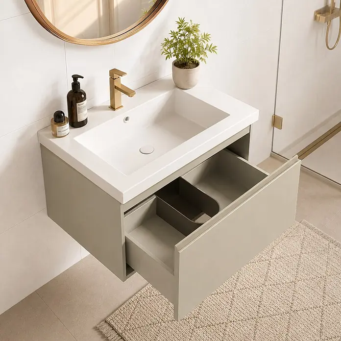 LOMAZOO Badezimmermöbel Greige 60cm - Weißes Waschbecken - Beige-graues Waschbeckenmöbel - Schwebender Waschbeckenunterschrank [MODENA] -  - Wandmontierter salbeigrüner Badezimmerschrank mit integriertem weißen Waschbecken und offener Schublade.