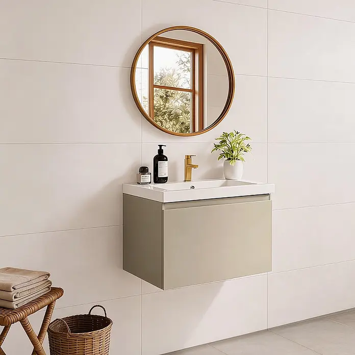 LOMAZOO Badezimmermöbel Greige 60cm - Weißes Waschbecken - Beige-graues Waschbeckenmöbel - Schwebender Waschbeckenunterschrank [MODENA] -  - Greige wandmontierter Waschtisch mit weißem Keramikbecken und goldener Armatur, in einem modernen Badezimmer mit rundem Spiegel.