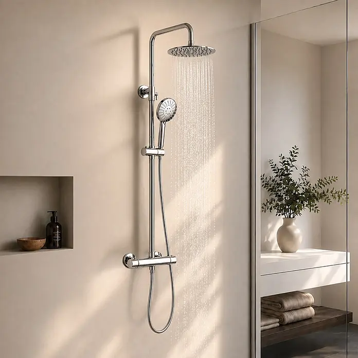 LOMAZOO Thermostat-Duschsystem Ariel mit Regendusche Edelstahl Chrom -  - Poliertes Chrom-Duschsystem mit Kopf- und Handbrause in modernem Bad, Wasser läuft.