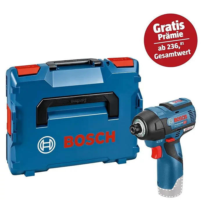 Bosch Professional AMPShare 18V Akku-Drehschlagschrauber GDR 12V-110 - 12 V, Ohne Akku - Ein blauer Bosch GDR 12V-110 Professional Akku-Schlagschrauber neben seinem blauen Bosch Sortimo L-BOXX Werkzeugkoffer.
