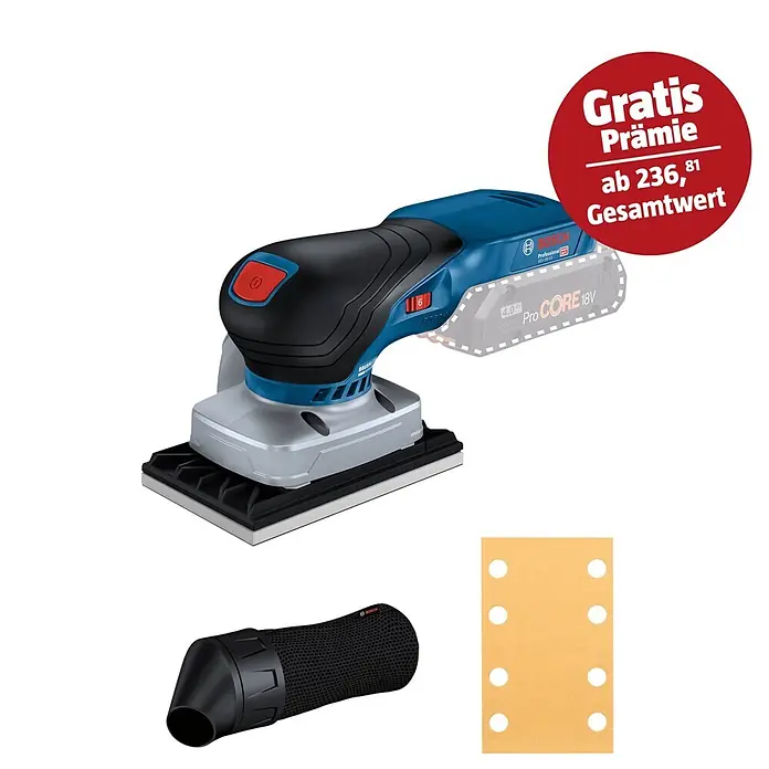 Bosch Professional AMPShare 18V Akku-Schwingschleifer GSS 18V-13 - Anzahl Akkus: Ohne Akku, Leerlaufschwingzahl: 12.000 U/min - 20.000 U/min, 18 V - Blauer und schwarzer Bosch Akku-Schwingschleifer GSS 18V-13 mit Staubbeutel und Schleifpapier.