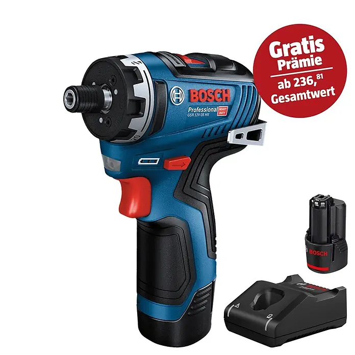 Bosch Professional AMPShare 18V Akku-Bohrschrauber-Set GSR 12V-35 HX PRO 2X3.0AH - 12 V, 2 Akkus, 35 Nm, 6 -tlg. - Blauer und schwarzer Bosch Akku-Schrauber GSR 12V-35 HX mit Akku und Ladegerät.