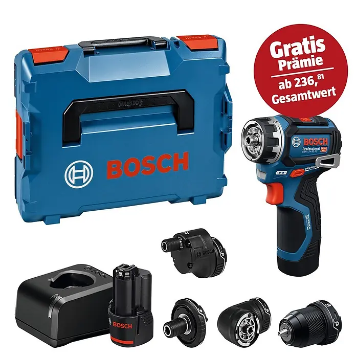 Bosch Professional AMPShare 18V Akku-Bohrschrauber-Set GSR 12V-32 FC 2x2,0AH - 12 V, 2 Akkus, 32 Nm, 9 -tlg. - Bosch blaues und schwarzes Bohrschrauber-Set mit Tragekoffer, Akku, Ladegerät und verschiedenen Aufsätzen. Ein roter Kreis bewirbt einen Gratisbonus.