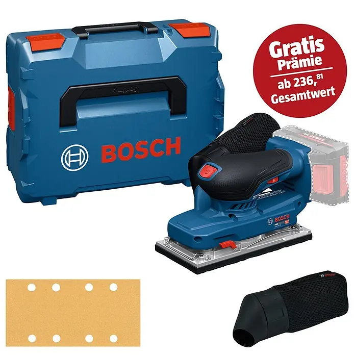 Bosch Professional AMPShare 18V Akku-Schwingschleifer GSS 18V-18 - 18 V, Anzahl Akkus: Ohne Akku, 10.000 U/min - 20.000 U/min, Inkl. L-Boxx - Blauer Bosch Akku-Schwingschleifer, L-Boxx, Schleifblatt, Staubbeutel und roter 'Gratis Prämie' Aufkleber ab 236,81 Gesamtwert.