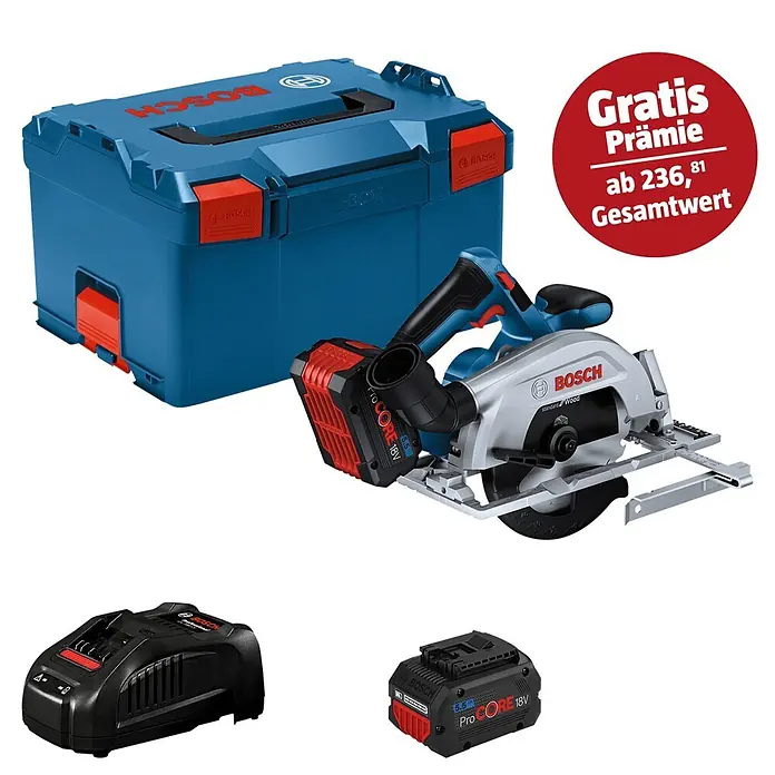 Bosch Professional AMPShare 18V Akku-Handkreissäge - 18 V, 2 Akkus, Durchmesser Sägeblatt: 165 mm, 5.000 U/min - Bosch Akku-Kreissägen-Set mit blauer L-Boxx, silber/blauer Säge, Ladegerät und zwei 18V 5.5Ah ProCORE Akkus.