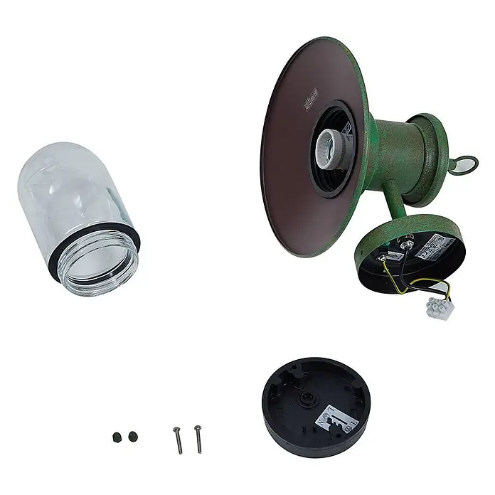 Lindby Wandlampe außen Laterne rustikal grün, Wandleuchte aussen IP44 -  - Zerlegte Außenwandleuchte in verwittertem Grün mit klarer Glasabdeckung, braunem Innenschirm und Montagekomponenten.