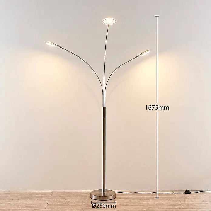 Lindby Stehleuchte Anea - alu / grau / zink, alu / grau / zink - Metallische Stehleuchte mit drei flexiblen, verstellbaren LED-Lichtköpfen. Höhe: 1675mm, Basisdurchmesser: 250mm.